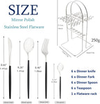 Black Silver 24Pcs Flatware Set With Stand, Lightweight Dinnerware Set Stainless Steel Cutlery With Black handles For Home Kitchen Wedding Party And Daily Use,Service For 6, Mirror Polish