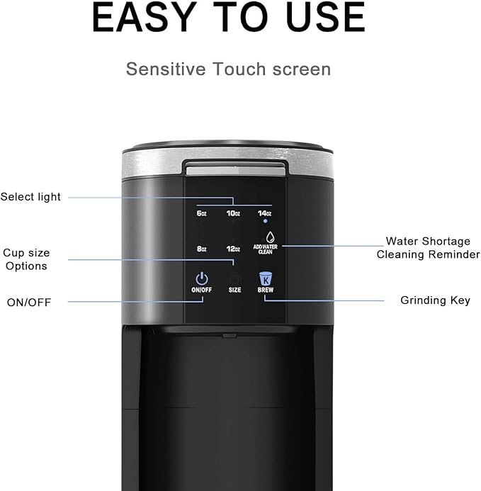 Kndko Single Serve Coffee Maker for Capsule and Ground Coffee, 6 to 14oz Brew Sizes, 40oz Removable Reservoir, Fast Brew, Compact Design, Travel Mug Friendly, Black