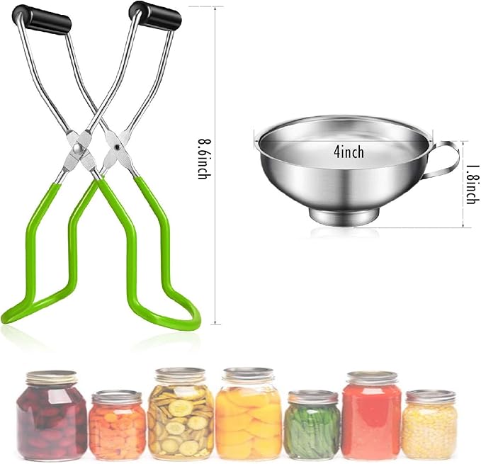 2 Pieces Stainless Steel Canning Jar Lifter Tongs and Canning Funnel with Safe and Secure Grip for Wide Mouth and Regular Jars, Easy to Clean and Dishwasher Safe (Black)
