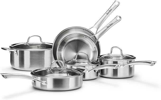 Stainless Steel Cookware Set,Tir-Ply Pots and Pans Set,10 Pcs Stainless Steel Induction Kitchen Cookware Sets,PFOA Free, Frying Pans,Saucepans,Saute Pan & Stock Pot,Compatible with All Cooktops