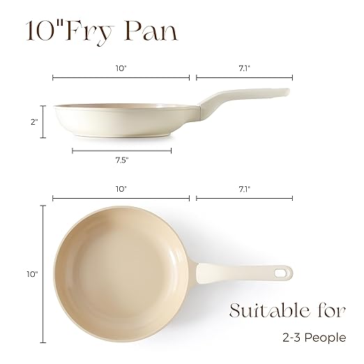 Nonstick Ceramic Frying Pan, 8/10 Inch Skillet with Stay Cool Handle, Fully Coated, Induction Compatible & Oven Safe, 100% Dishwasher Safe, PTFE PFAS & PFOA Free（10 Inch, Coconut White）