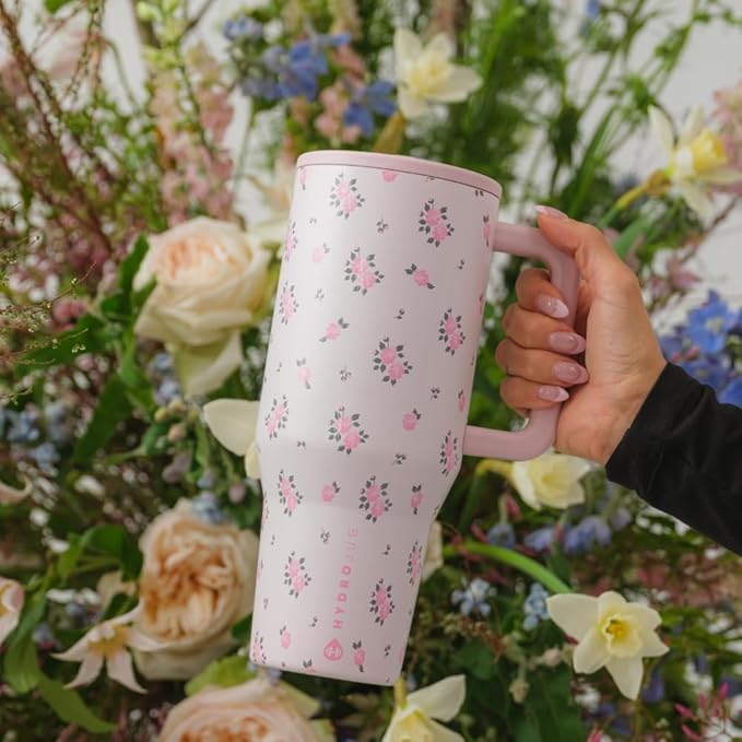 HydroJug Traveler - 40 oz Water Bottle with Handle & Flip Straw - Fits in Cup Holder, Leak Resistant Tumbler-Reusable Insulated Stainless Steel & Rubber Base - Gifts for Women & Men, Wildrose