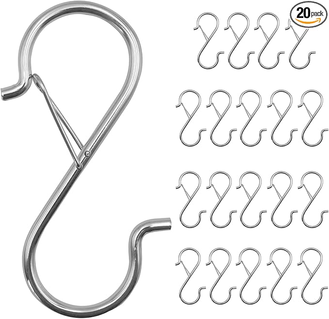 20PCS S Hooks for Hanging,3.5 Inch Heavy Duty Closet Hooks with Safety Buckle,Closet Hooks Hanging for Plants,Clothes,Kitchen Utensil,String Lights,Handbags,Belt, Hat, Cup, Tie (Silver)