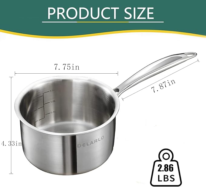 DELARLO Tri-Ply Stainless Steel 2.5 QT Saucepan with Lid, Heavy Duty Induction Pot, Fast Even Heat, Fuel Saving, Induction Cookware, Kitchen and Dining Steel Saucepan
