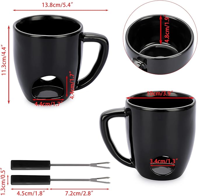 BSTKEY 230ML Personal Chocolate Fondue Mug Set, Ceramic Butter Warmer Set, Mini Melt Hot Pot Cup Set for Cheese Chocolate Butter Caramel, with 2 Forks (Black)