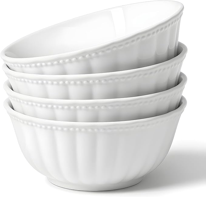 Ceramic Soup Serving Bowls for Kitchen, 6.4 Inch, Set of 4, Cereal Bowl Porcelain, Oven & Microwave Safe, White