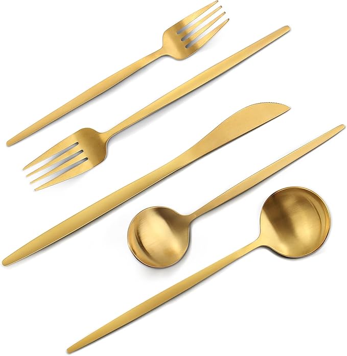 Matte Gold Silverware Set, VANVRO 60-Piece Stainless Steel Flatware Set, Satin Finish tableware Cutlery Set, Service for 12, Home and Restaurant, Dishwasher Safe