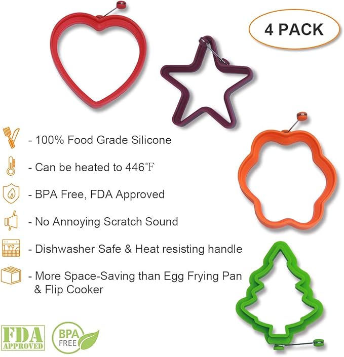 Egg Poachers 4 Shape Silicone Egg Ring Set, Non-Stick Egg Pancake Mold Cooker for Fried Egg, Sandwiches, Pie, Mcmuffin by OWN KAN (4 Pieces)