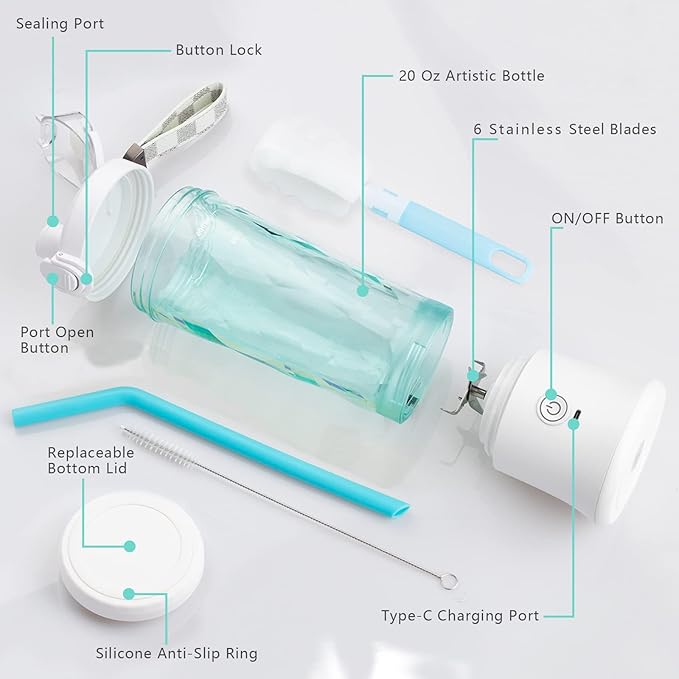 Smoothie Blender with 6 Sharp Blades, Rechargeable Personal Blender for Shakes and Smoothies with 600ML Travel Cup and Lid, for Kitchen, Hiking, Office, Gym