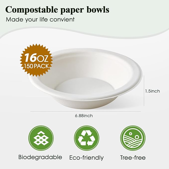 ECOLipak 150 Pack Compostable Disposable Paper Bowls, 16 OZ Heavy duty Biodegradable Eco Friendly Sugarcane Bagasse Bowls Great for Soup, Salad, Milk Cereals