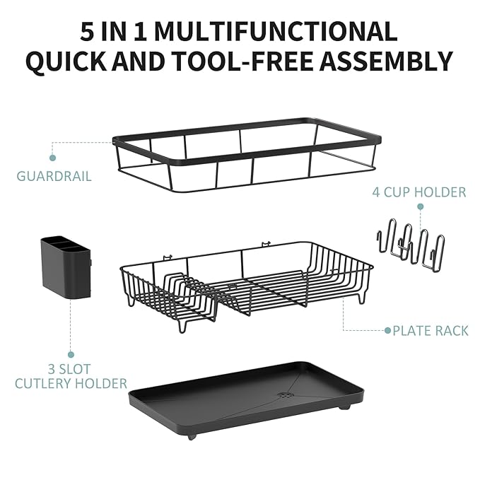 Dish Drying Rack for Kitchen Counter, Large Dish Racks with Drainboard, Kitchen Sink Dish Strainer Rack, Countertop Dish Drainer Rack with Cup & Utensil Holders, Dish Dryer Rack Large Size Black