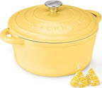 Overmont Enameled Cast Iron Dutch Oven - 5.5QT Pot with Lid Cookbook & Cotton Potholders - Heavy-Duty Cookware for Braising, Stews, Roasting, Bread Baking Goose Yellow