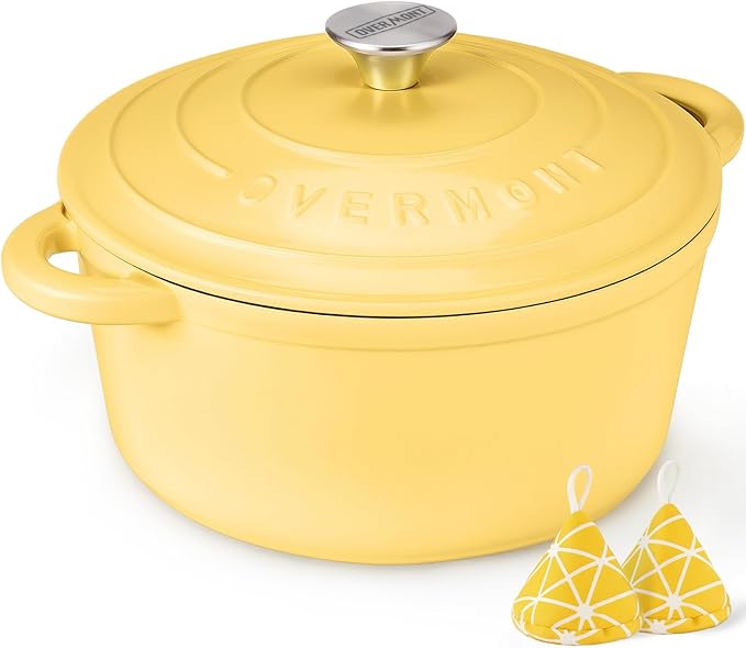 Overmont Enameled Cast Iron Dutch Oven - 5.5QT Pot with Lid Cookbook & Cotton Potholders - Heavy-Duty Cookware for Braising, Stews, Roasting, Bread Baking Goose Yellow
