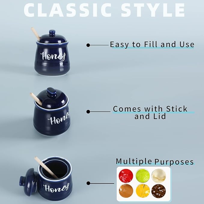 HAOTOP Farmhouse Porcelain Honey Jar with Dipper and Lid Set 12oz,Easy to Clean (Navy)