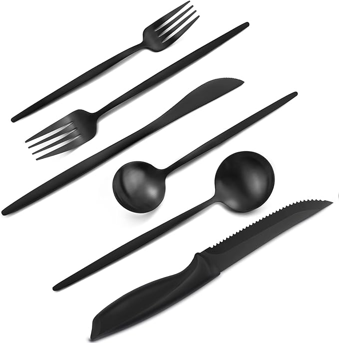 24 Pieces Matte Black Silverware Set with Steak Knives,Satin Finish tableware Cutlery Set for Home and Restaurant,Matte Knife Spoon and Fork Sets Service for 4,Dishwasher Safe