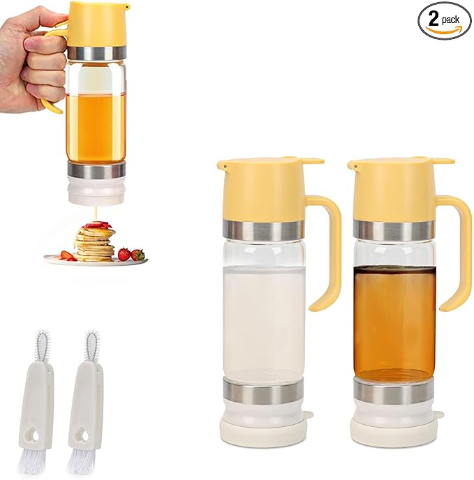 2 Pack 12 Oz Glass Honey Dispenser Pot with Silicone Base No Drip Honey Container Jar, Maple Syrup Dispenser with Handle for Pancake, Coffee or Tea Yellow