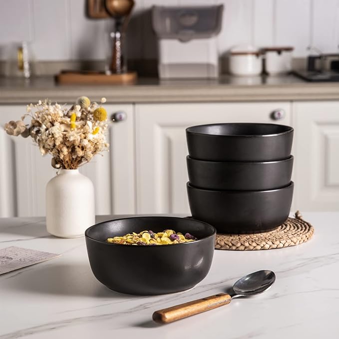 AmorArc Stoneware Cereal Bowls Set of 4, 26oz Soup Bowls Set for Cereal Soup Snacks, Modern Kitchen bowls for Meal, Dishwasher &Microwave Safe, Matte Black