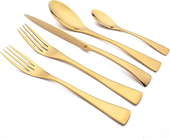 Gold Tableware 20Pcs Mirror Polished 18/10 Stainless Steel Luxury Flatware - Heavy Cutlery Set Service For 4 Include Knives/Forks/Spoons/Salad Fork/Teaspoon, Dishwasher Safe