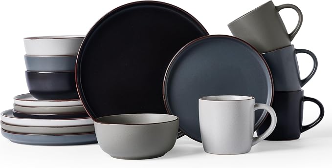 Famiware Mercury Dinnerware Sets with Mugs, Service for 4 (16 Pieces), Plates and Bowls Sets, Microwave and Dishwasher Safe Dishes Set, Multi-color
