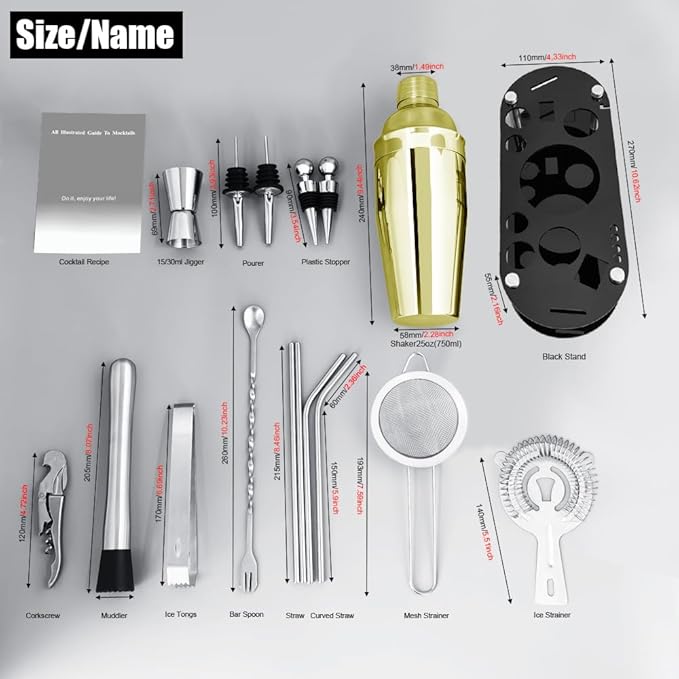 Cocktail Shaker Set Bartender Kit with Stand - 16 Piece Bar Tool Set Drink Mixer Set Includes : 25oz Shakers, Jigger, Strainer, Mixer Spoon, Muddler, Liquor Pourers, Straw (Gold)