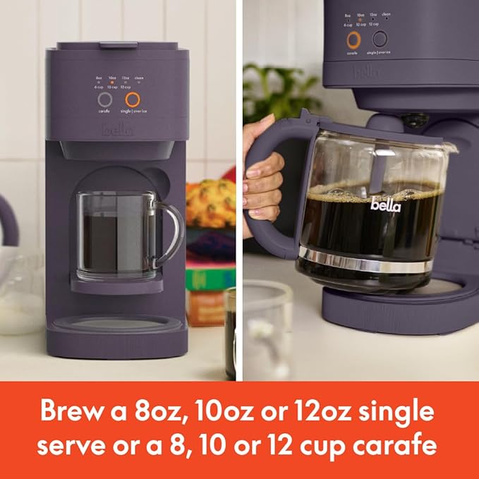 BELLA VersaBrew 2-in1 Coffee Maker, K-Cup compatible, Brew 3 Sizes Carafes & Single Serve Cups, Dishwasher Safe Reusable Filter & Filter Holder, Iced Coffee Function, 60oz Tank, Plum