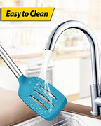 Pack of 4 Silicone Cooking Utensils Set, Non Stick Large Solid Spatulas, Heat Resistant Blue Slotted Spoons, Ideal BPA Free Kitchen Turners for Frying, Mixing,Serving,Draining,Turning,Stirring