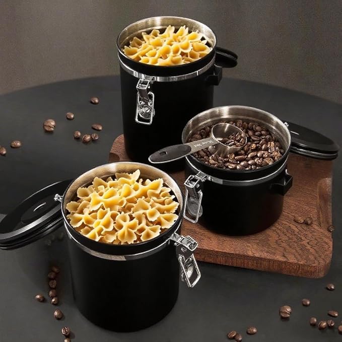 Coffee Canister with Window, 22OZ Airtight 304 Stainless Steel Food Storage Container, Home Kitchen Sugar Organizers Jar with Scoop for Beans, Rice,Tea, Flour, Cereal, Black