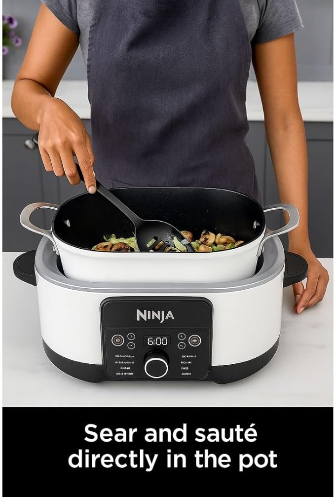 Ninja Foodi PossibleCooker PRO MC1000 8.5Qt Multicooker 8 in 1 Slow Cooker, Dutch Oven, Steam Bake Roast Sear Sauté Bread Maker Warmer, Glass Lid, Integrated Spoon, Nonstick (White)