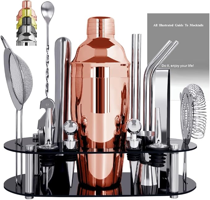 Cocktail Shaker Set Bartender Kit with Stand - 16 Piece Bar Tool Set Drink Mixer Set Includes : Shakers, Jigger, Strainer, Mixer Spoon, Muddler, Liquor Pourers, Straw (Rose Gold)