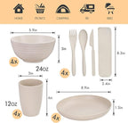 Wheat Straw Dinnerware Sets for 4, Wheat Straw Plates and Bowls Sets Kitchen Dishes 28pcs College Dorm Room Essentials Cutlery Set Microwave Safe (Beige)