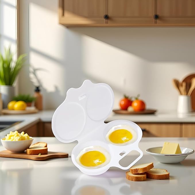 White Egg Poacher, Microwave Egg Boiler Poacher, 2 Cavity Nonstick Poached Egg Maker With Lid, Microwave Egg Cooker, Double Drain Poached Egg Cups Cookware, Egg Poachers（13 * 5cm）