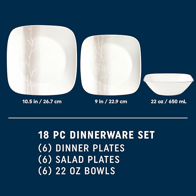 Corelle Vitrelle 18 Piece Glass Dinnerware Sets Rectangular Square Plate and Bowl Set Service for 6, Triple Layer Chip & Crack Resistant Glass Plate and Bowl Sets, Wandering Grove
