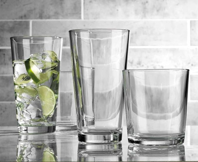 Glaver's Drinking Glasses Set of 12. Glassware set, 6 Highball Glass Cups, 6 Whiskey glasses.17 oz Tall Glass Set and 13 oz Rock Glasses. Classic Drinkware Set