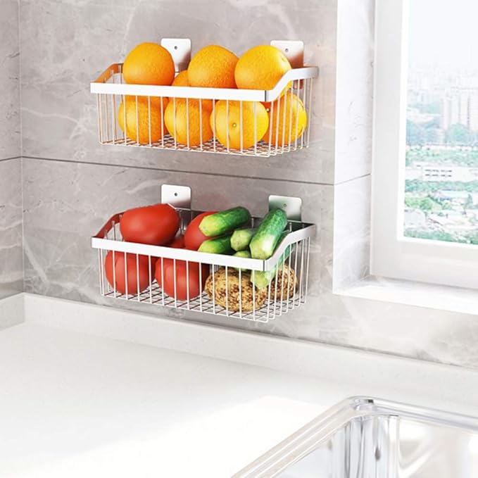 Kitchen Storage Metal Wire Fruit Basket - SUS304 Stainless steel Organizer Storage Bin Baskets for Bathroom - Space Saving Design for Pantry Organization （Silver）