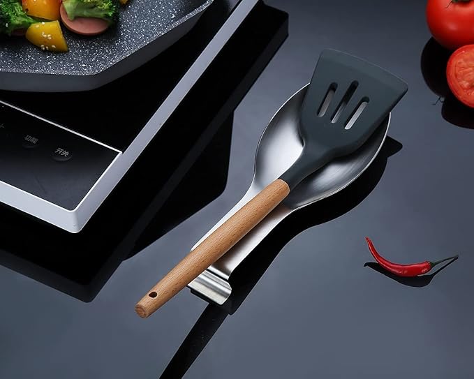 Matte Silver Stainless Steel Spoon Rest, 2-in-1 Stove Top Holder for Ladles, Tongs, Spatula, Pot Lid - Dishwasher Safe (2PC-9.5 Inch)