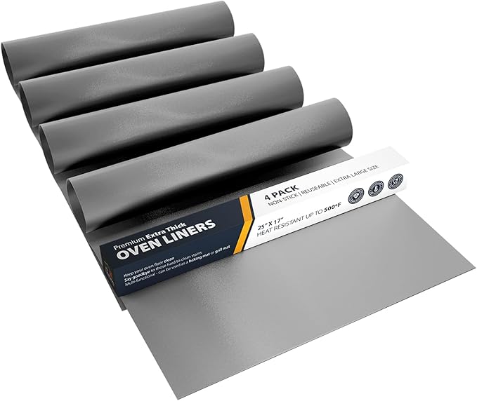 Oven Liners for Bottom of Oven - 4 Pack Large Heavy Duty Mats, 17”x25” Non-Stick Reusable Liner for Electric, Gas, Toasters, Grills - BPA & PFOA Free Kitchen Accessory to Keep It Clean (Silver)