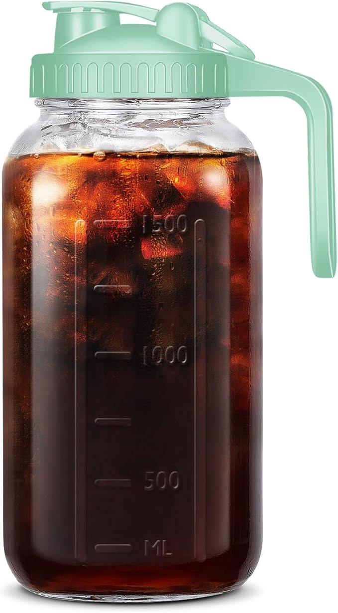 Mason Jar Pitcher, 64 OZ Breast Milk Pitcher Double Leak Proof with Pour Spout Handle, Wide Mouth Iced Tea Pitcher for Fridge, Creamer Container for Coffee, Sun Tea juice (Green,1 Pack)