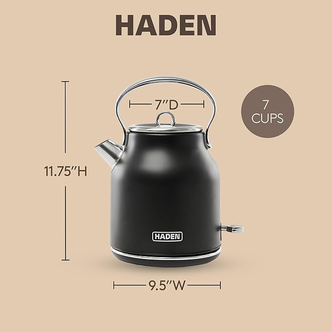 HADEN Heritage 1.7 Liter Stainless Steel Electric Kettle, Hot Water Kettle with 360-Degree Base and Auto Shutoff, Black & Chrome