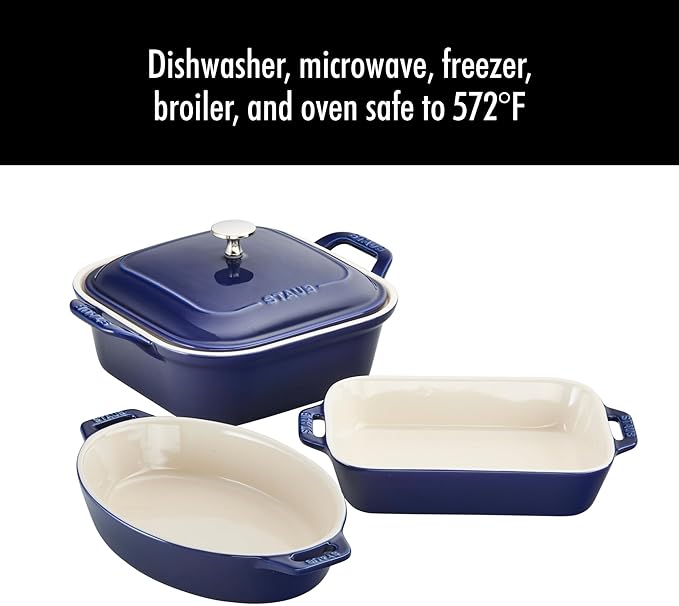 STAUB Ceramic 4-pc Baking Pans Set, Casserole Dish with Lid, Brownie Pan, Dark Blue