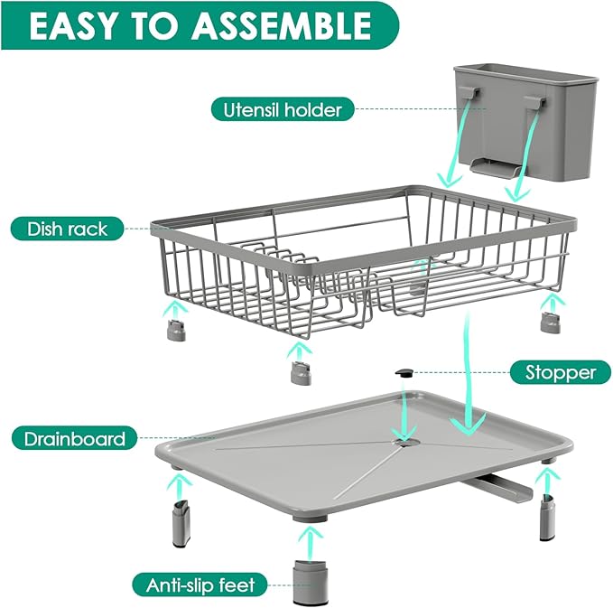 Dish Drying Rack, Space-Saving Dish Rack, Dish Racks for Kitchen Counter, Kitchen Dish Drainers with Removable Utensil Holder,Plate Rack and Drainboard, 11''W x 15''L, Gray