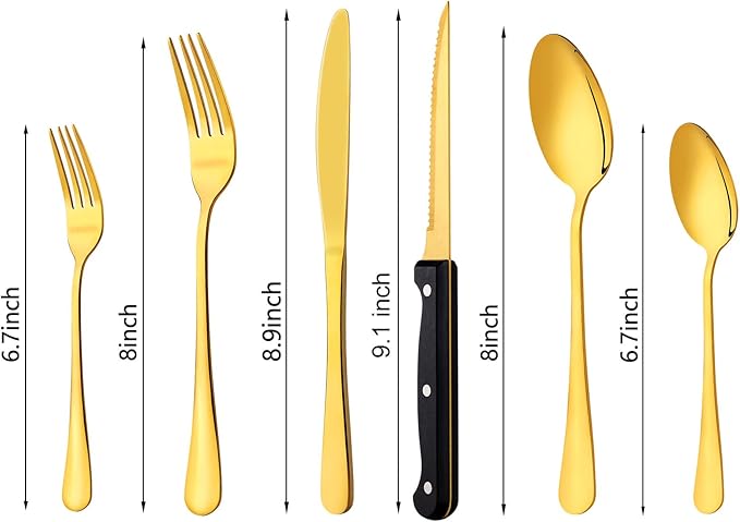 48-Pack Gold Silverware Set with Steak Knives, Stainless Steel Tableware Cutlery Spoons Forks Kit, For Buffet Kitchen Restaurant Hotel, Kitchen Flatware Utensils Set, Mirror Polished