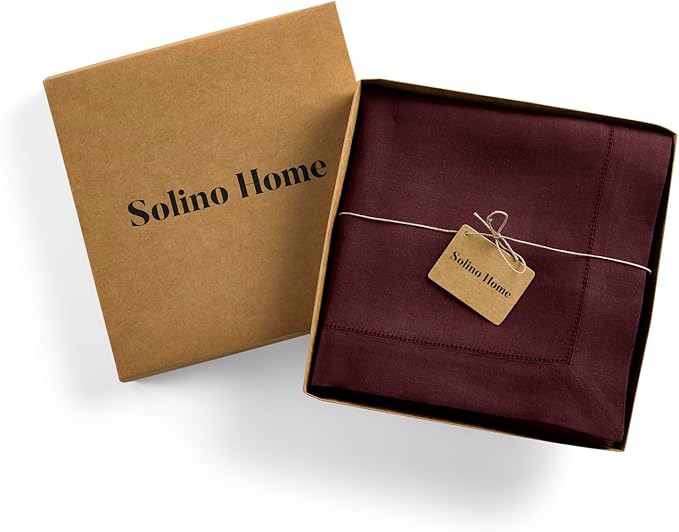 Solino Home Linen Burgundy Tablecloth 60 x 108 Inch - Classic Hemstitch, 100% Pure Linen Rectangular Tablecloth - Machine Washable Table Cloth for Summer, Fall, Autumn