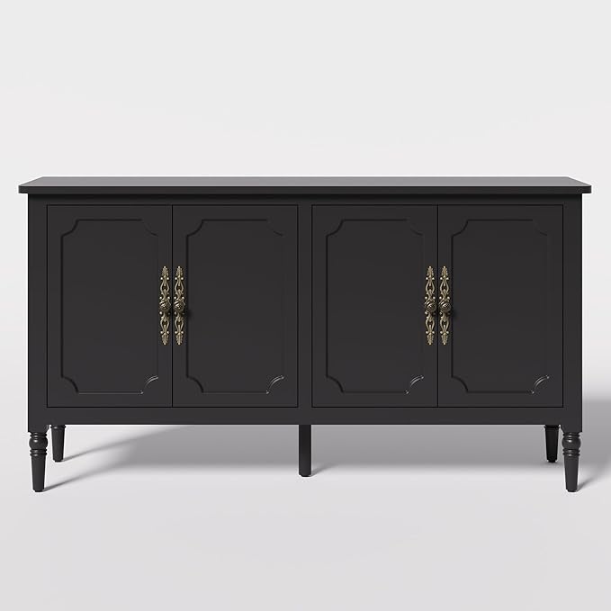 Console Cabinet, 58'' Mid Century Modern Pantry Sideboard, Wood Buffet Cabinet, Media Cabinet with 4 Doors, Accent Cabinet for Entryway, Living Room, Dining Room (Black)