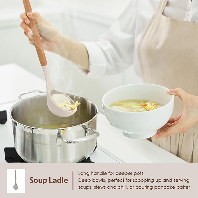 E-far Cooking Utensils Set of 6, Silicone Kitchen Utensils with Wooden Handle, Non-stick Cookware Friendly & Heat Resistant, Includes Spatula/Ladle/Slotted Turner/Serving Spoon/Spaghetti Server(Khaki)