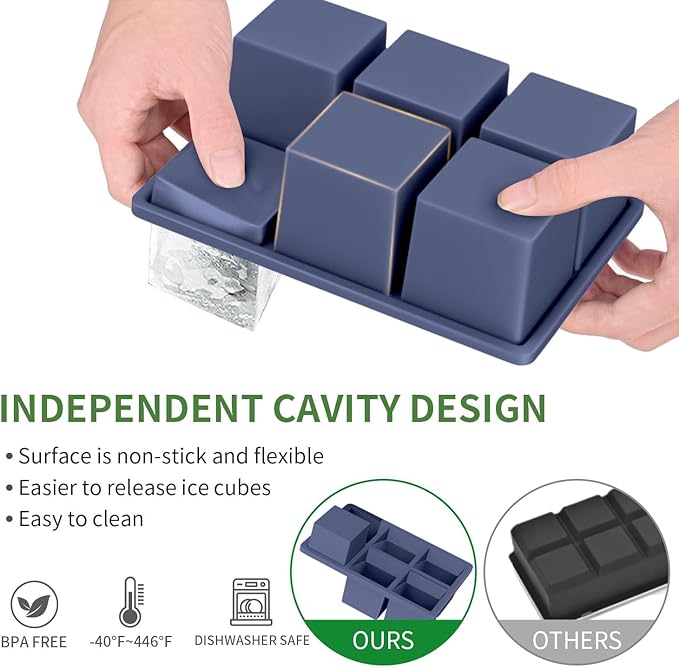 Large Ice Cube Tray for Whiskey: FDDBI Big Square Ice Cube Maker for Cocktail - 3Pack Silicone Old Fashioned Ice Cube Trays - 2inch Huge Cubed Ice Trays for Whisky
