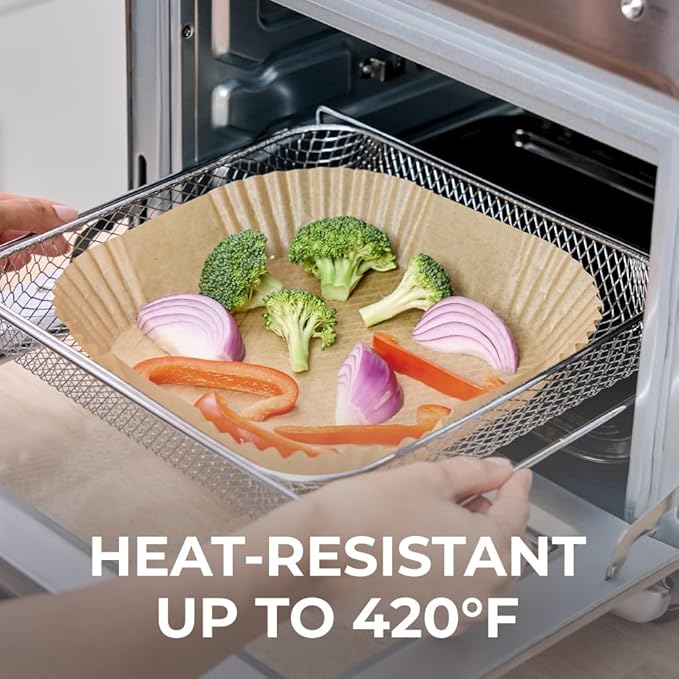 KITCHEN GENIE Heavy Duty BPA-Free Air Fryer Liners Disposable, Non-Stick Parchment Paper Sheets for Easy Clean Cooking, Fits 5-8 QT Basket, Microwave, Toaster Oven, Unbleached, 6.5 Inch Square, 50 PCS