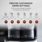 Stainless Steel Burr Coffee Grinder with 51 Grind Settings，Grind Timer,Electric Coffee Grinder for Espresso/Drip/Pour Over/Cold Brew/French Press Coffee Maker，120V/165W