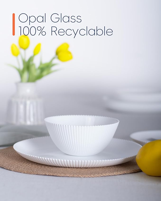 20 OZ Max White Opal Glass Cereal Bowl Set of 6, 6 inch Dishwasher & Microwave Safe Round Ribbed Bowls for Kitchen, Salad, Soup and Rice