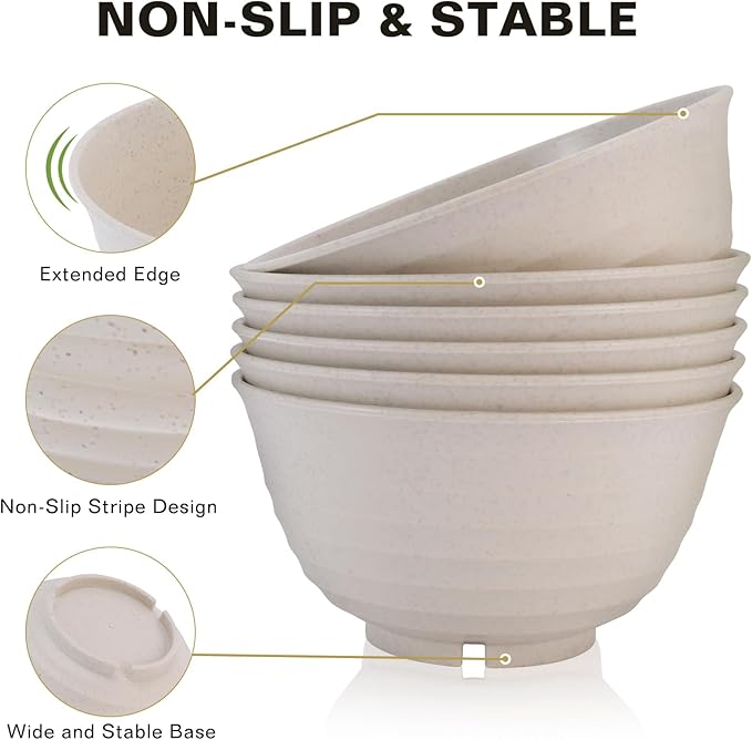 34 Oz Large Cereal Bowls, Unbreakable Wheat Straw Dinnerware Sets with Spoons, White Plastic Soup Bowls Reusable Microwave Dishwasher Safe Set of 6 for Kitchen RV Salad Ramen Ice Cream, Beige