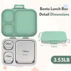 Stainless Steel Bento Box Kids, Leak Proof Metal Bento Lunch Box,3 Compartments 304 Stainless Steel Bento Lunch Containers for School and Office,Dishwasher Safe, BPA-Free(Green)